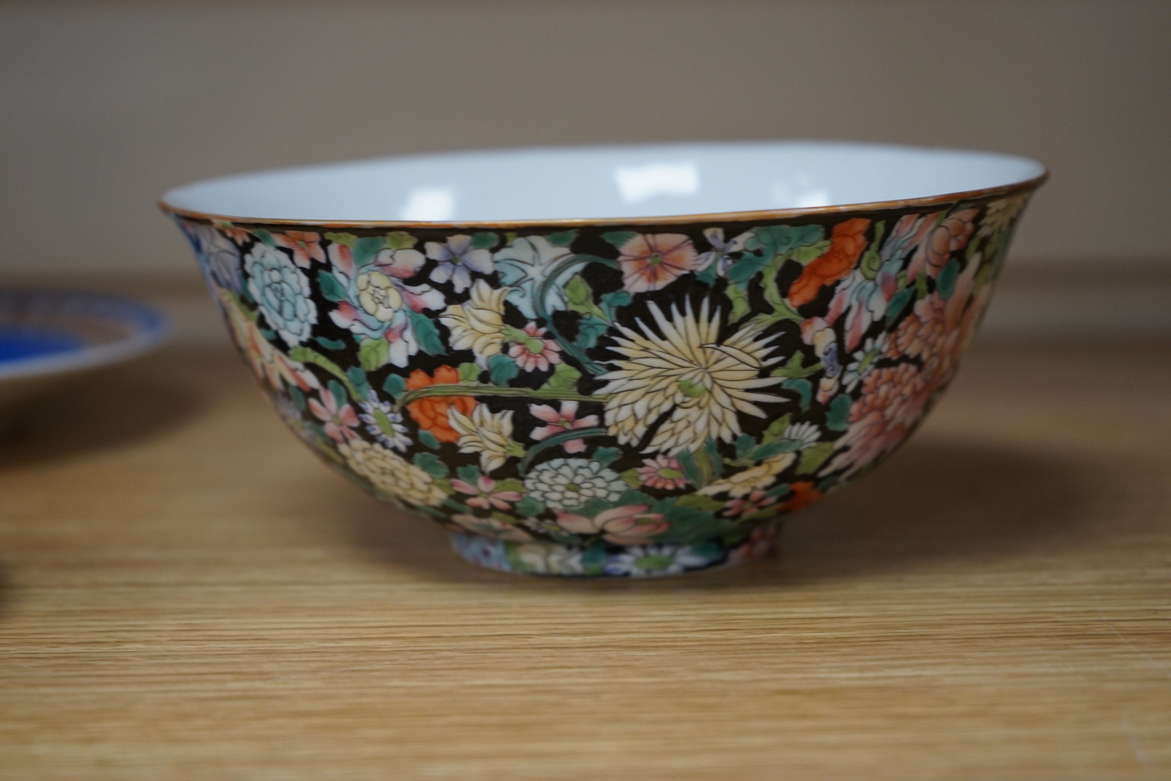 A Chinese millefleur black ground bowl, Republic period, 17cm